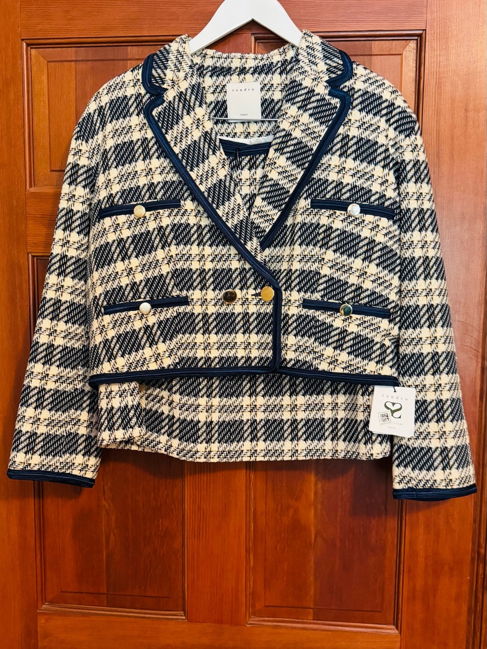 Sandro Navy and Cream Cropped Tweed Blazer and Skirt